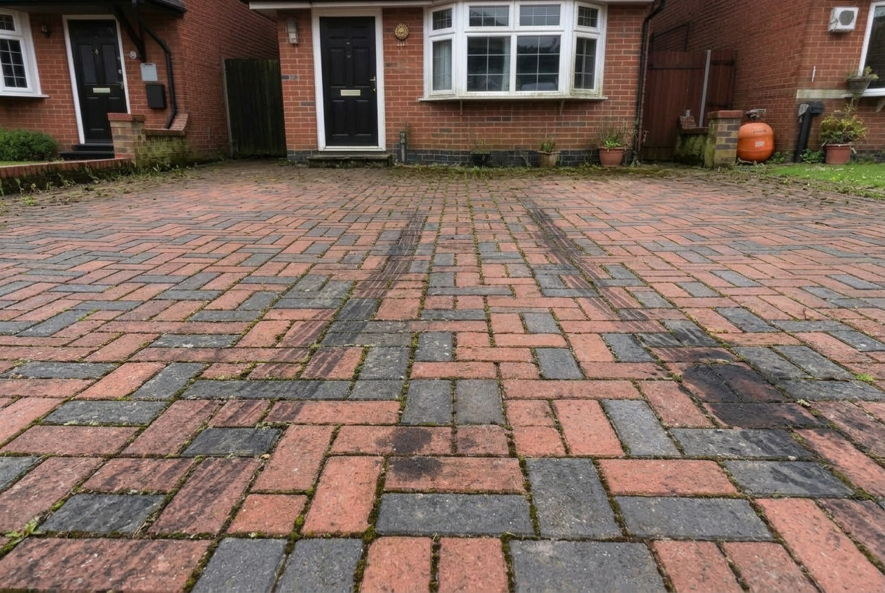 Block paving driveway transformation — before and after pressure washing – before